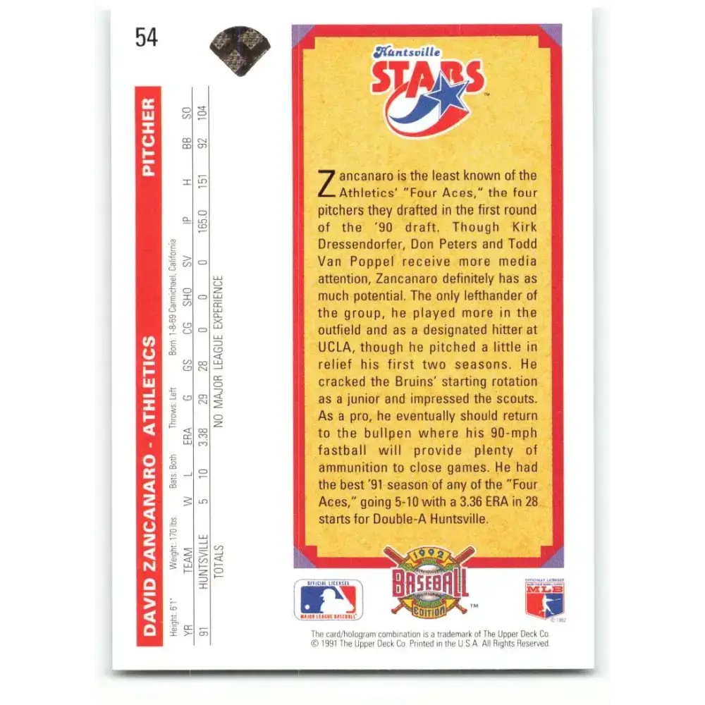 1992 Upper Deck #54 Dave Zancanaro TP NM-MT Oakland Athletics Baseball Card - Baseball Card Single