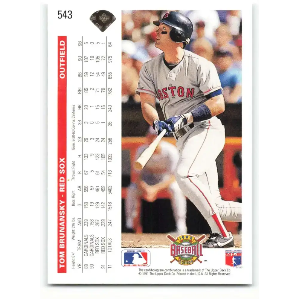 1992 Upper Deck #543 Tom Brunansky NM-MT Boston Red Sox Baseball Card - Baseball Card Single