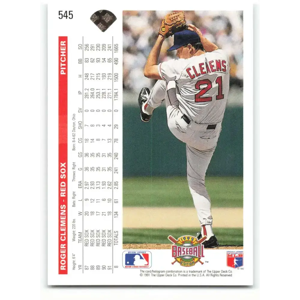 1992 Upper Deck #545 Roger Clemens NM-MT Boston Red Sox Baseball Card - Baseball Card Single