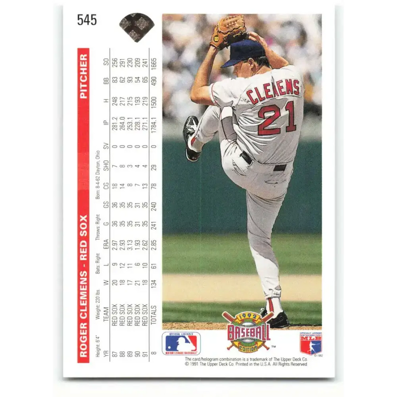 1992 Upper Deck #545 Roger Clemens NM-MT Boston Red Sox Baseball Card - Baseball Card Single