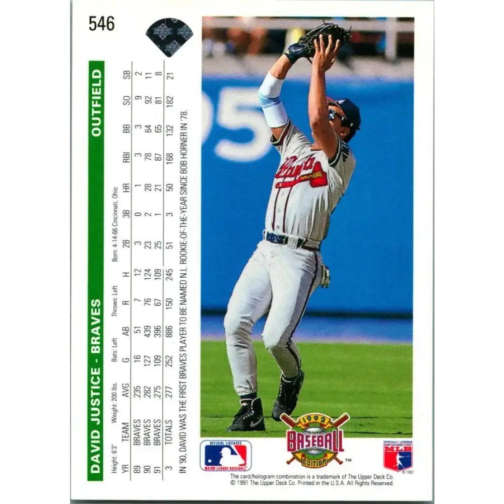 1992 Upper Deck #546 David Justice NM-MT Atlanta Braves Baseball Card - Baseball Card Single