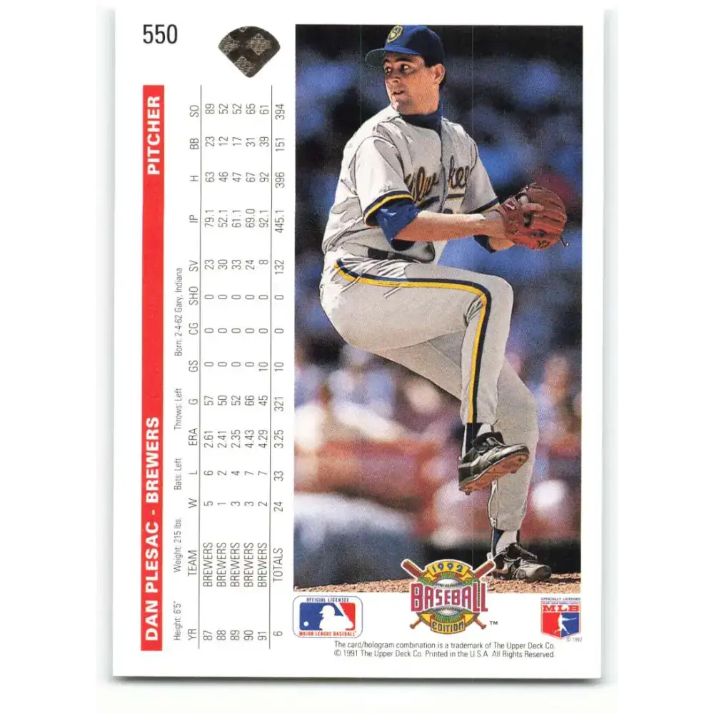 1992 Upper Deck #550 Dan Plesac NM-MT Milwaukee Brewers Baseball Card - Baseball Card Single