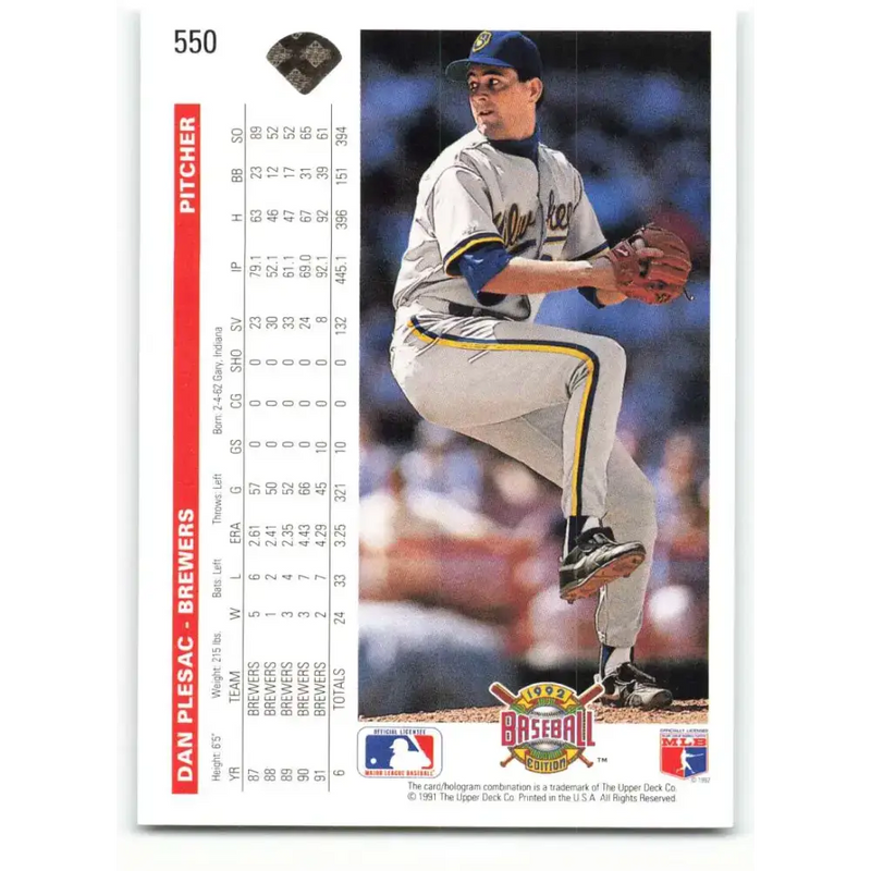 1992 Upper Deck #550 Dan Plesac NM-MT Milwaukee Brewers Baseball Card - Baseball Card Single