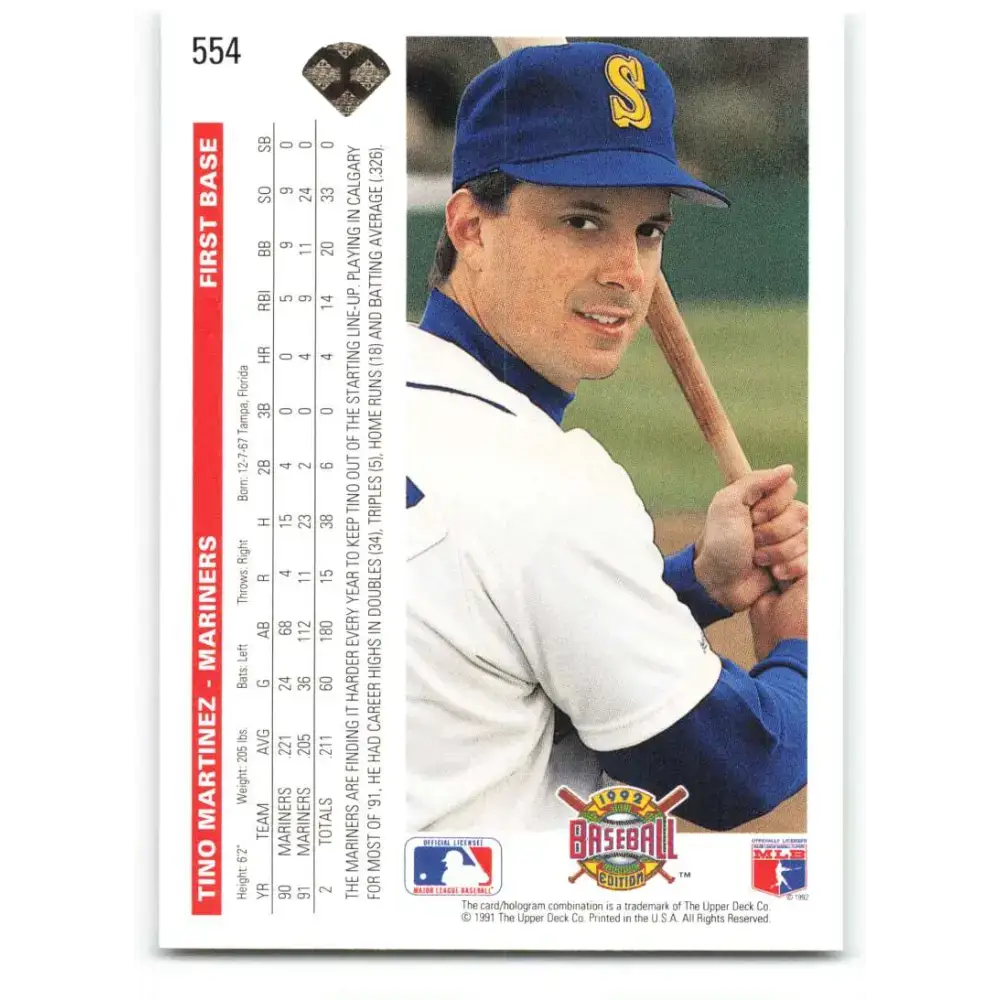 1992 Upper Deck #554 Tino Martinez NM-MT Seattle Mariners Baseball Card - Baseball Card Single