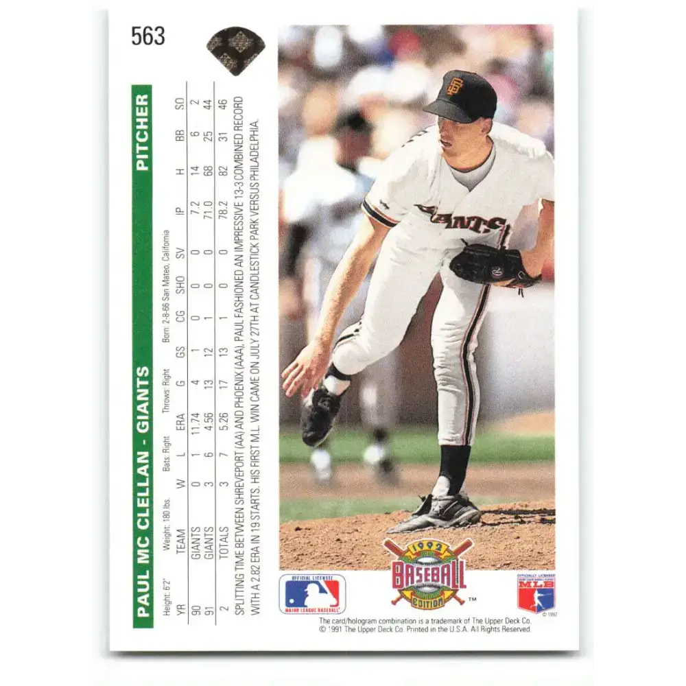 1992 Upper Deck #563 Paul McClellan NM-MT San Francisco Giants Baseball Card - Baseball Card Single