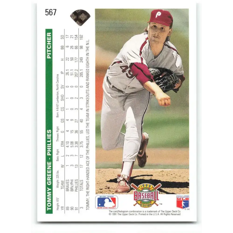 1992 Upper Deck #567 Tommy Greene NM-MT Philadelphia Phillies Baseball Card - Baseball Card Single