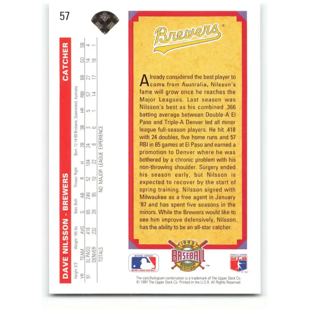 1992 Upper Deck #57 Dave Nilsson NM-MT Milwaukee Brewers Baseball Card - Baseball Card Single