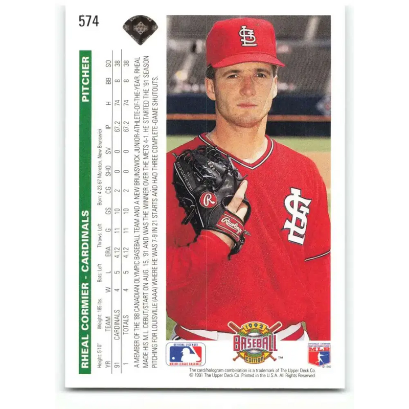 1992 Upper Deck #574 Rheal Cormier NM-MT St. Louis Cardinals Baseball Card - Baseball Card Single