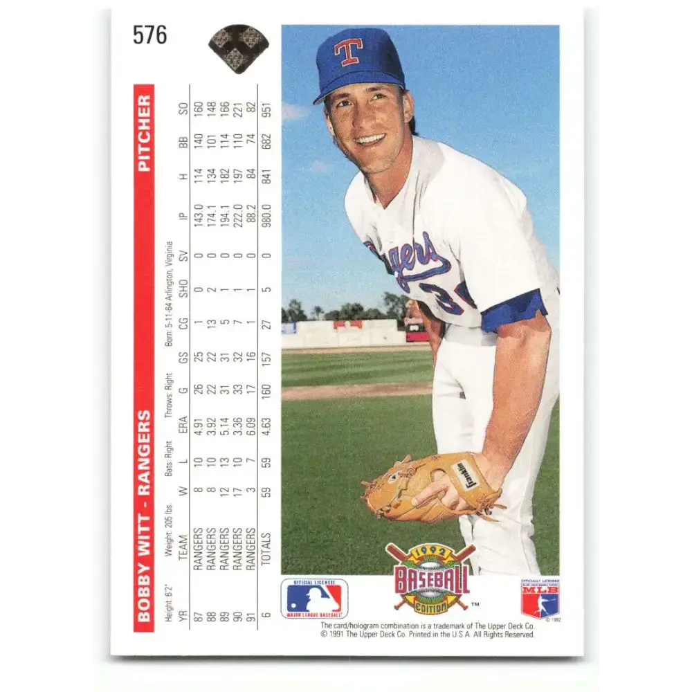 1992 Upper Deck #576 Bobby Witt NM-MT Texas Rangers Baseball Card - Baseball Card Single