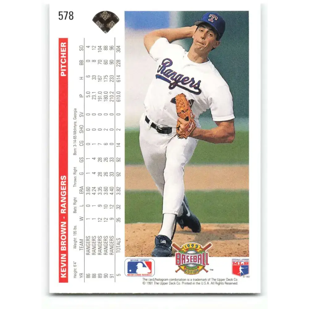 1992 Upper Deck #578 Kevin Brown NM-MT Texas Rangers Baseball Card - Baseball Card Single