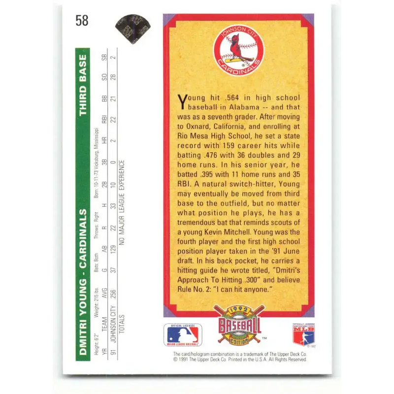 1992 Upper Deck #58 Dmitri Young NM-MT St. Louis Cardinals Baseball Card - Baseball Card Single