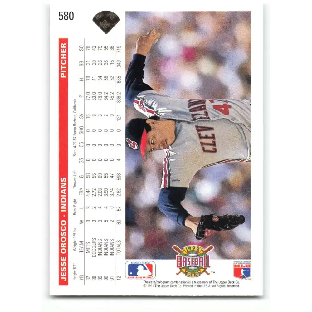 1992 Upper Deck #580 Jesse Orosco NM-MT Cleveland Indians Baseball Card - Baseball Card Single