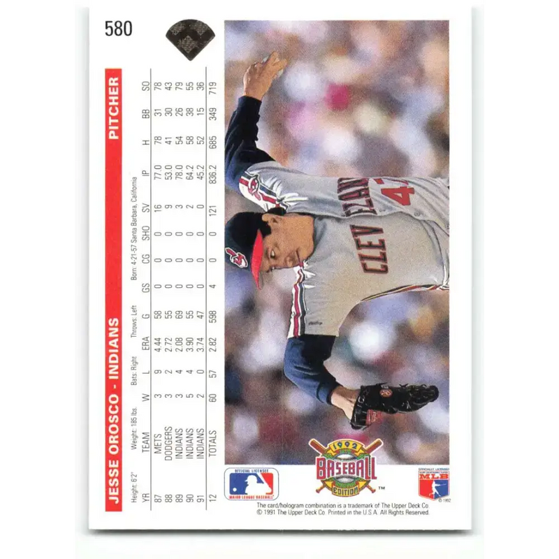 1992 Upper Deck #580 Jesse Orosco NM-MT Cleveland Indians Baseball Card - Baseball Card Single