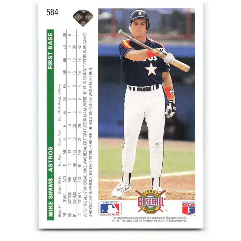 1992 Upper Deck #584 Mike Simms NM-MT Houston Astros Baseball Card - Baseball Card Single