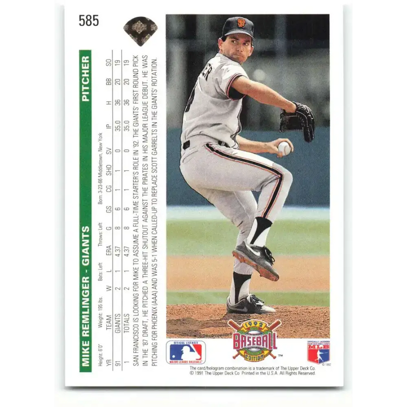 1992 Upper Deck #585 Mike Remlinger NM-MT San Francisco Giants Baseball Card - Baseball Card Single