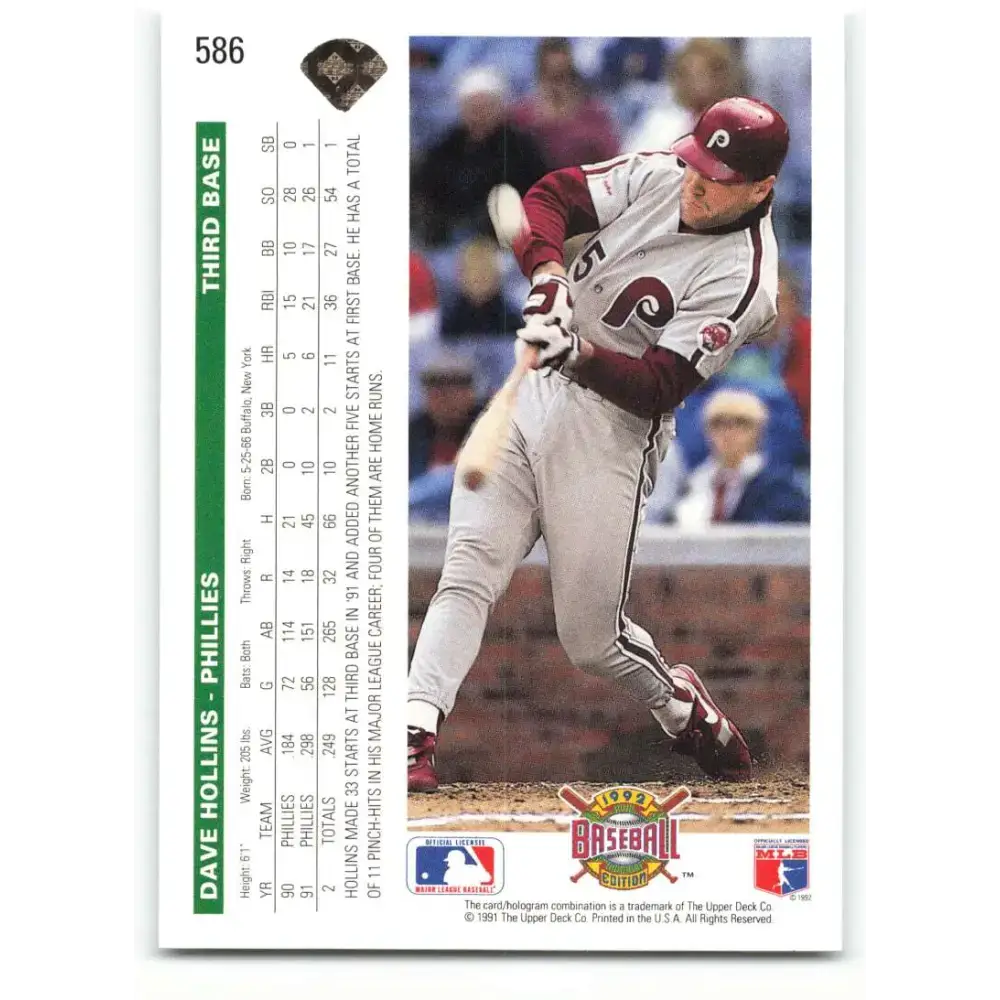 1992 Upper Deck #586 Dave Hollins NM-MT Philadelphia Phillies Baseball Card - Baseball Card Single