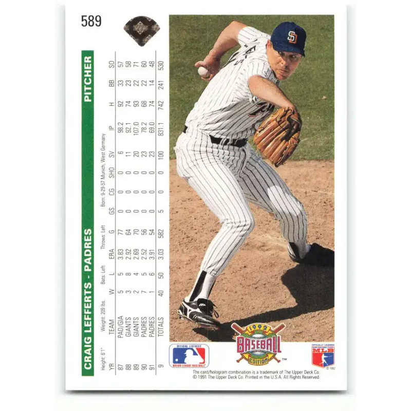 1992 Upper Deck #589 Craig Lefferts NM-MT San Diego Padres Baseball Card - Baseball Card Single