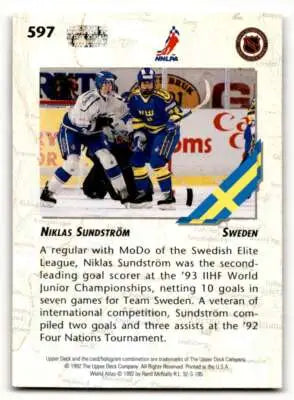 Original gloss hockey trading card of Niklas Sundstrom from 1992 Upper Deck