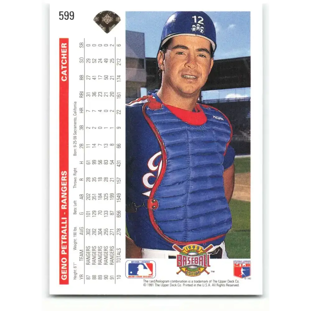 1992 Upper Deck #599 Geno Petralli NM-MT Texas Rangers Baseball Card - Baseball Card Single