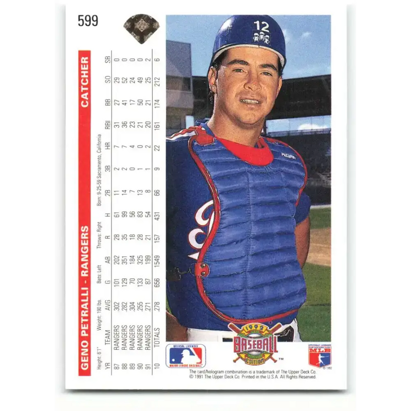 1992 Upper Deck #599 Geno Petralli NM-MT Texas Rangers Baseball Card - Baseball Card Single