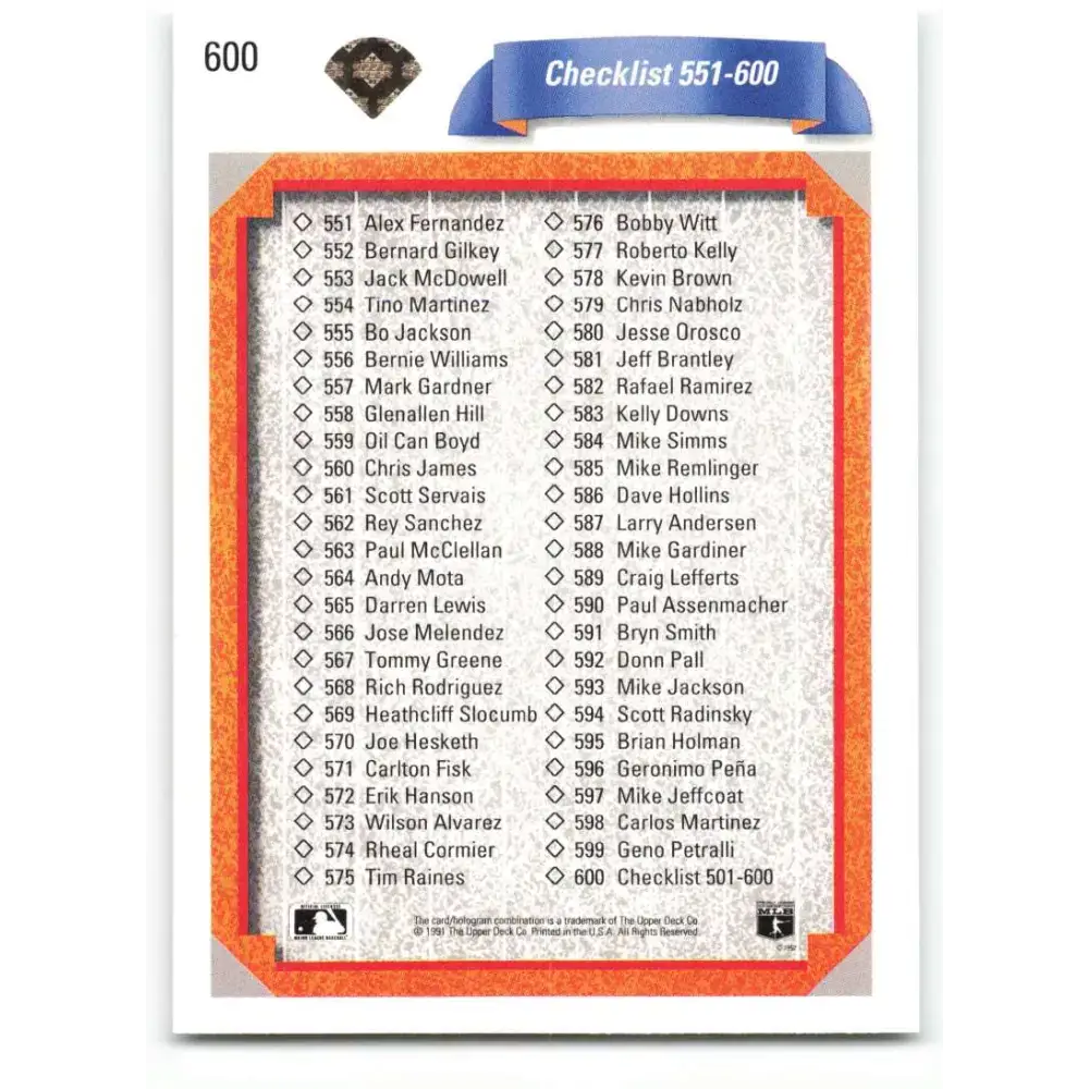 1992 Upper Deck #600 Checklist 501-600 NM-MT Checklist Baseball Card - Baseball Card Single