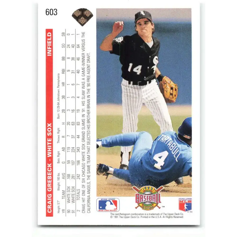 1992 Upper Deck #603 Craig Grebeck NM-MT Chicago White Sox Baseball Card - Baseball Card Single
