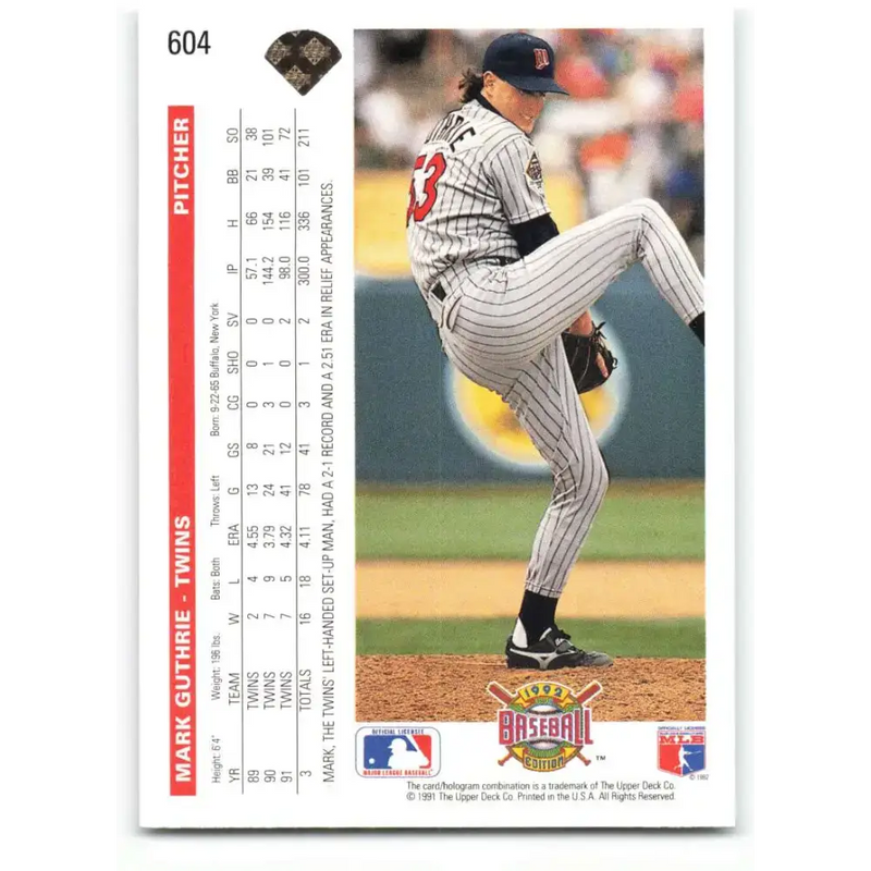 1992 Upper Deck #604 Mark Guthrie NM-MT Minnesota Twins Baseball Card - Baseball Card Single