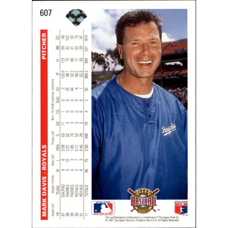 1992 Upper Deck #607 Mark Davis NM-MT Kansas City Royals Baseball Card - Baseball Card Single