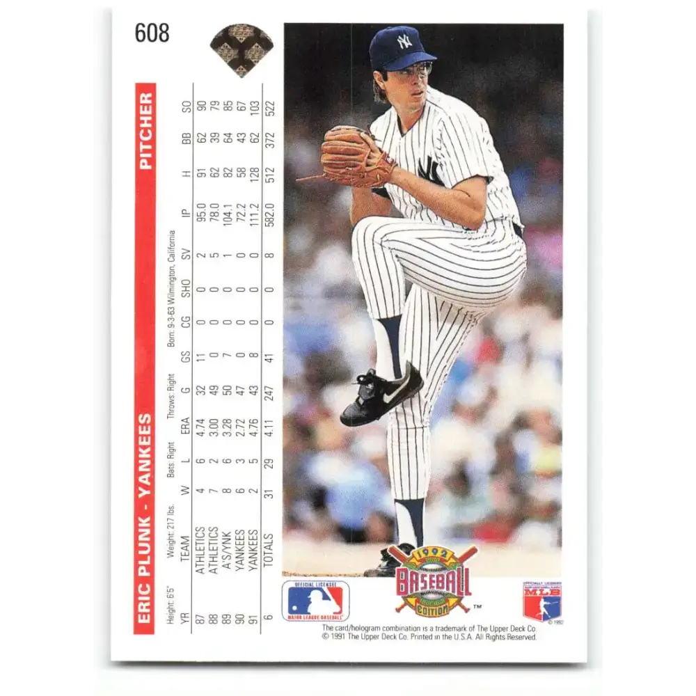 1992 Upper Deck #608 Eric Plunk NM-MT New York Yankees Baseball Card - Baseball Card Single