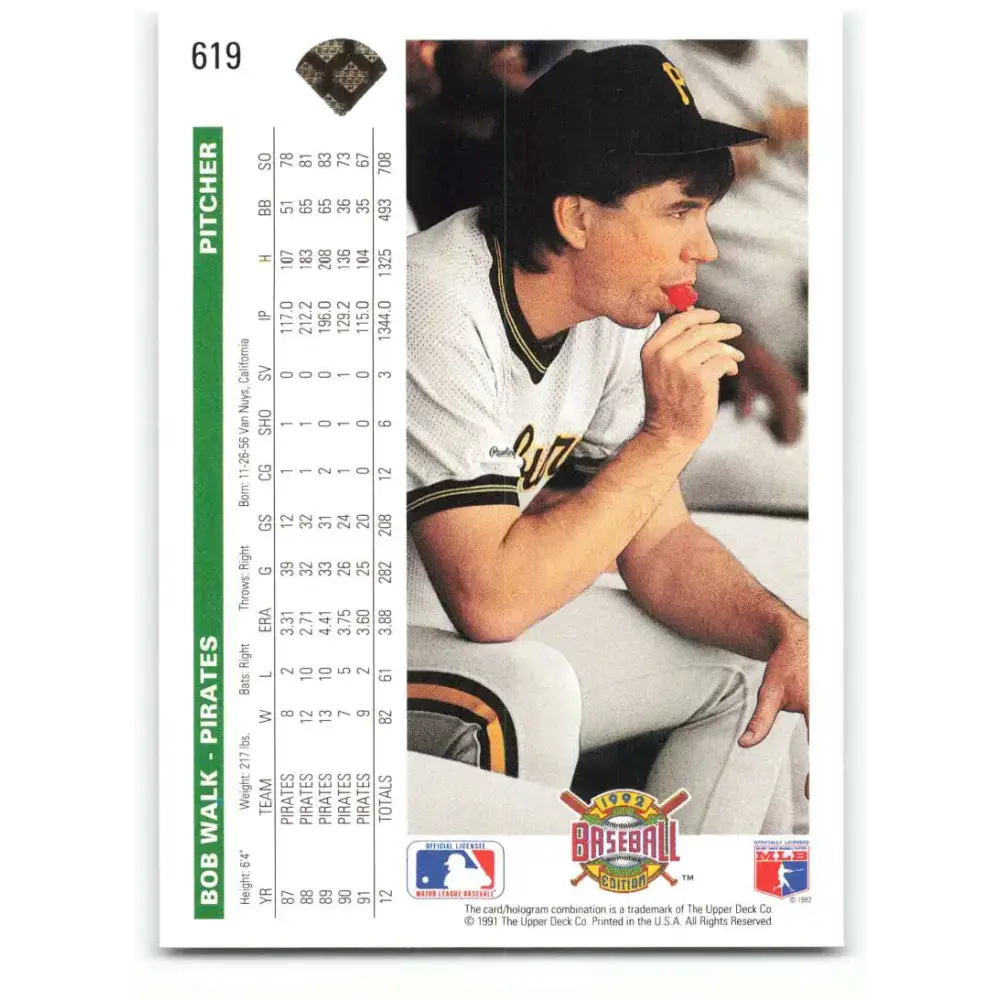 1992 Upper Deck #619 Bob Walk NM-MT Pittsburgh Pirates Baseball Card - Baseball Card Single