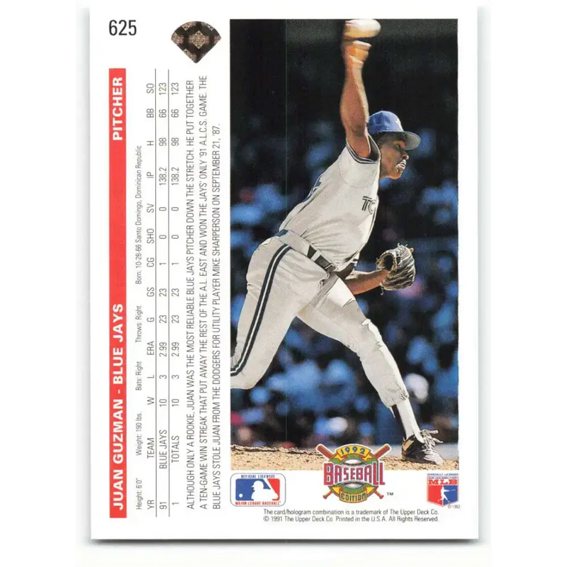 1992 Upper Deck #625 Juan Guzman NM-MT Toronto Blue Jays Baseball Card - Baseball Card Single