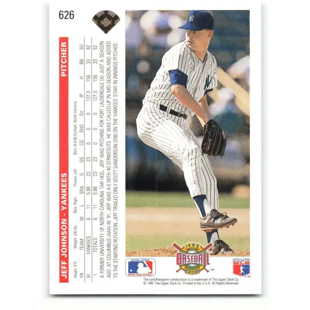 1992 Upper Deck #626 Jeff Johnson NM-MT New York Yankees Baseball Card - Baseball Card Single