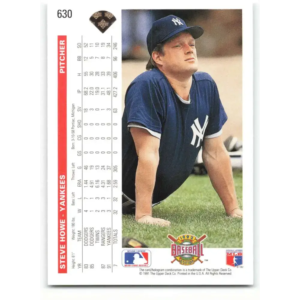 1992 Upper Deck #630 Steve Howe NM-MT New York Yankees Baseball Card - Baseball Card Single