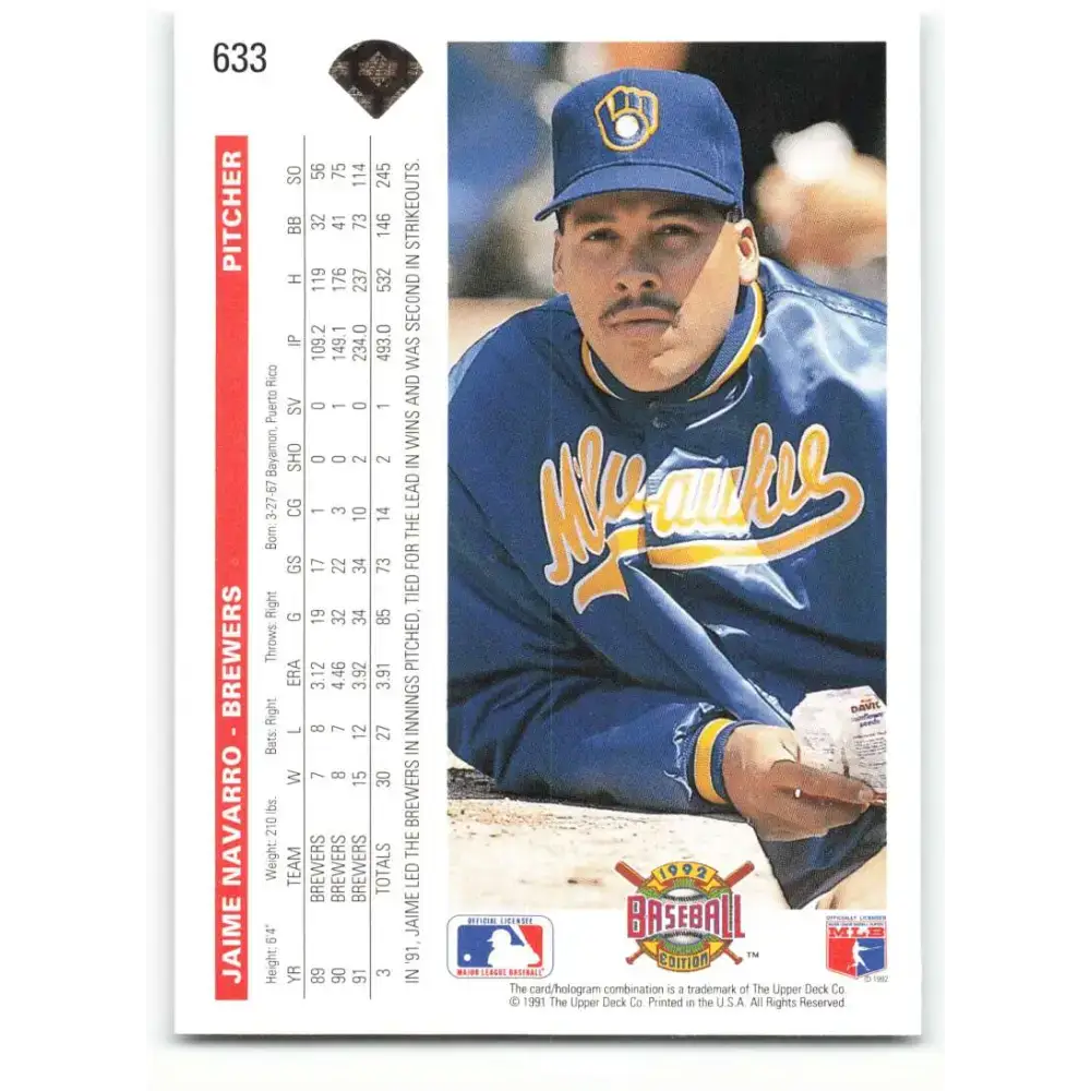 1992 Upper Deck #633 Jaime Navarro NM-MT Milwaukee Brewers Baseball Card - Baseball Card Single