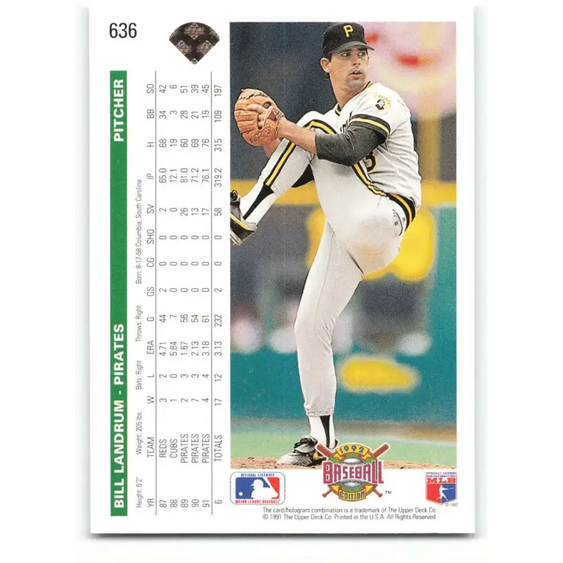1992 Upper Deck #636 Bill Landrum NM-MT Pittsburgh Pirates Baseball Card - Baseball Card Single
