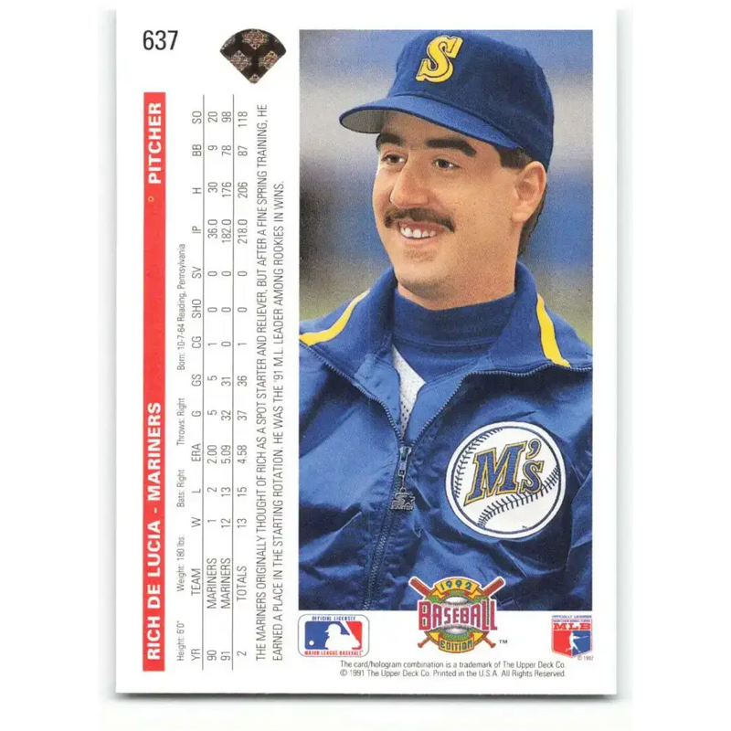 1992 Upper Deck #637 Rich DeLucia NM-MT Seattle Mariners Baseball Card - Baseball Card Single