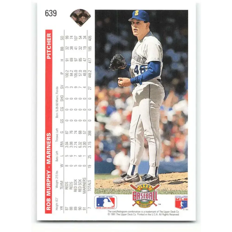 1992 Upper Deck #639 Rob Murphy NM-MT Seattle Mariners Baseball Card - Baseball Card Single