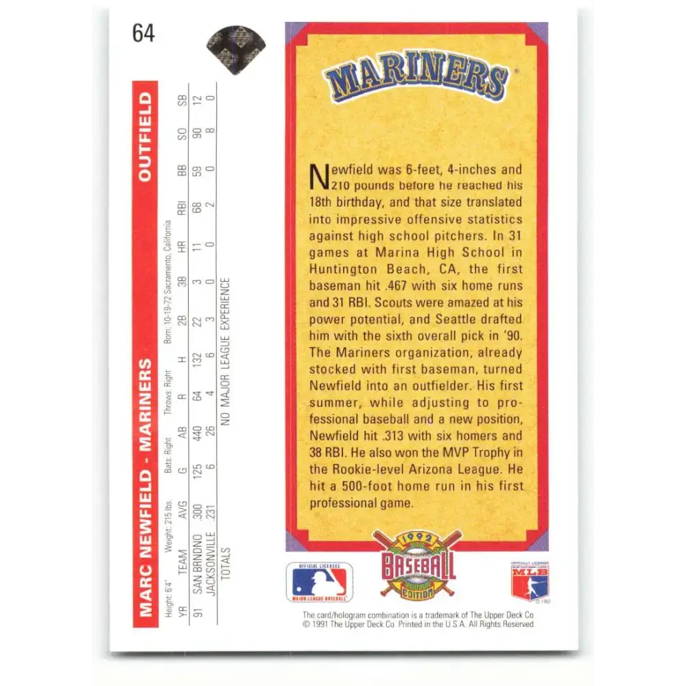 1992 Upper Deck #64 Marc Newfield TP NM-MT Seattle Mariners Baseball Card - Baseball Card Single