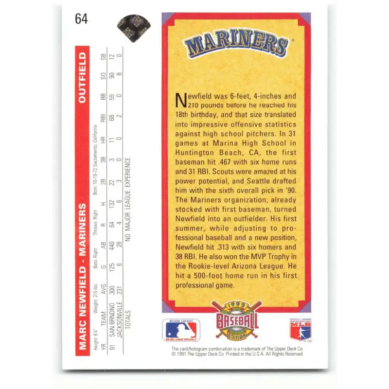1992 Upper Deck #64 Marc Newfield TP NM-MT Seattle Mariners Baseball Card - Baseball Card Single