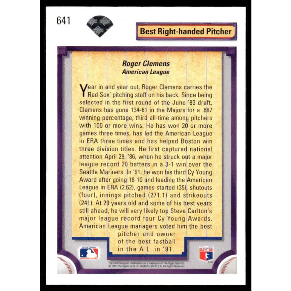 1992 Upper Deck #641 Roger Clemens EX/NM Boston Red Sox Baseball Card - Baseball Card Single