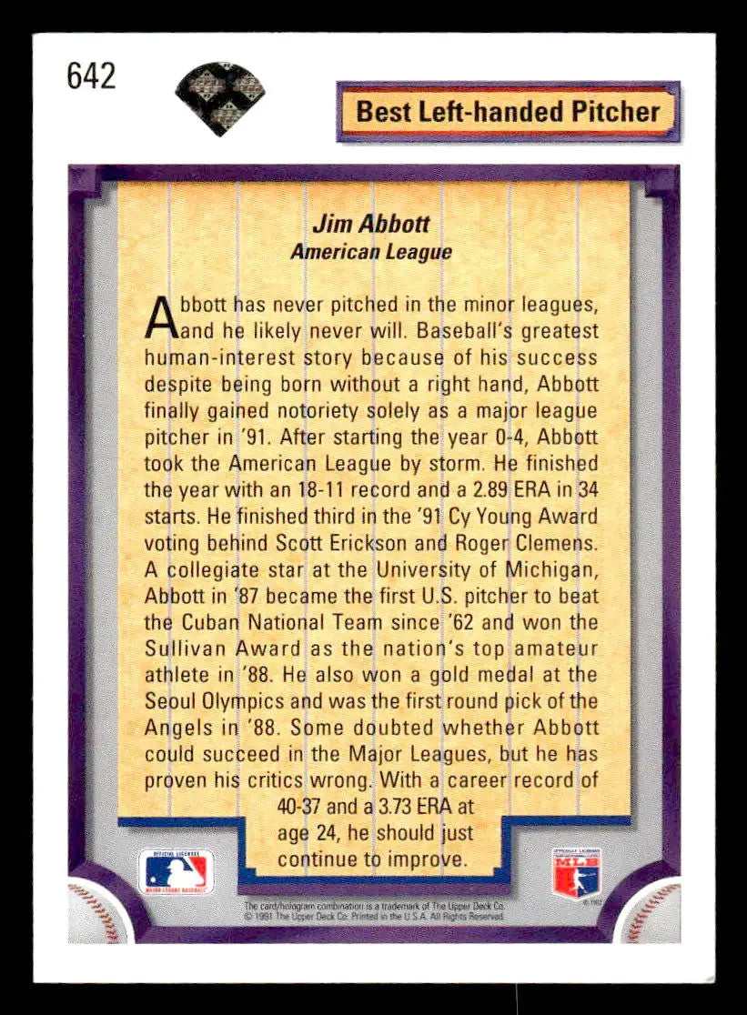 1992 Upper Deck #642 Jim Abbott - Baseball Card Single