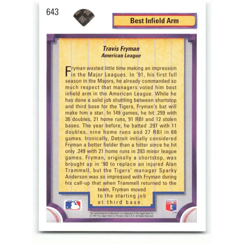 1992 Upper Deck #643 Travis Fryman DS NM-MT Detroit Tigers Baseball Card - Baseball Card Single