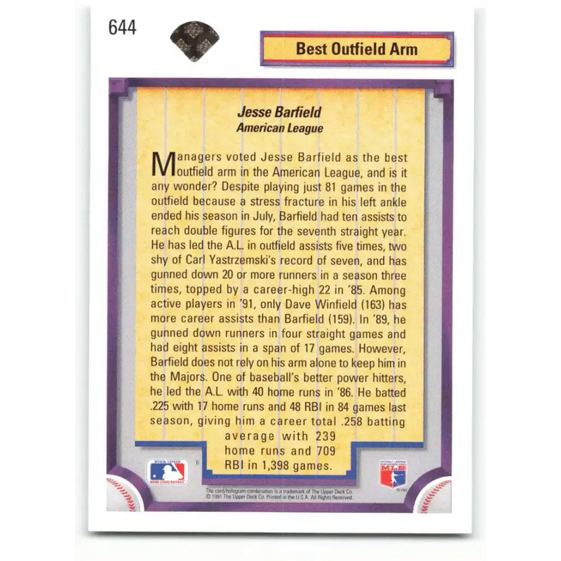 1992 Upper Deck #644 Jesse Barfield DS NM-MT New York Yankees Baseball Card - Baseball Card Single