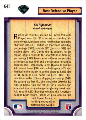 Original gloss of 1992 Upper Deck Cal Ripken Jr. baseball trading card
