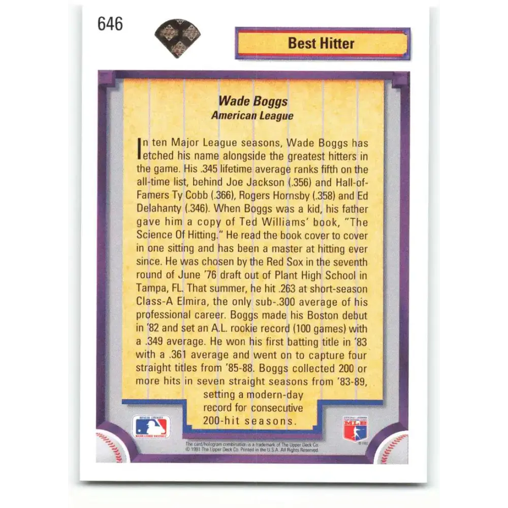 1992 Upper Deck #646 Wade Boggs DS NM-MT Boston Red Sox Baseball Card - Baseball Card Single