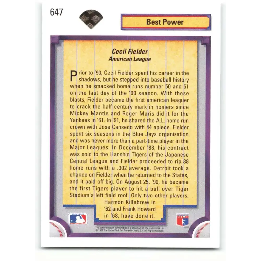 1992 Upper Deck #647 Cecil Fielder DS NM-MT Detroit Tigers Baseball Card - Baseball Card Single