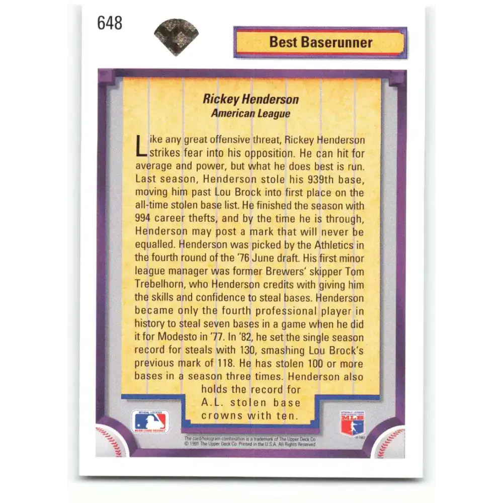 1992 Upper Deck #648 Rickey Henderson DS NM-MT Oakland Athletics Baseball Card - Baseball Card Single