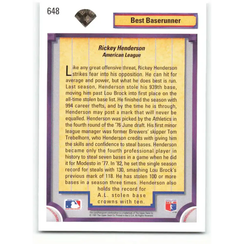 1992 Upper Deck #648 Rickey Henderson DS NM-MT Oakland Athletics Baseball Card - Baseball Card Single