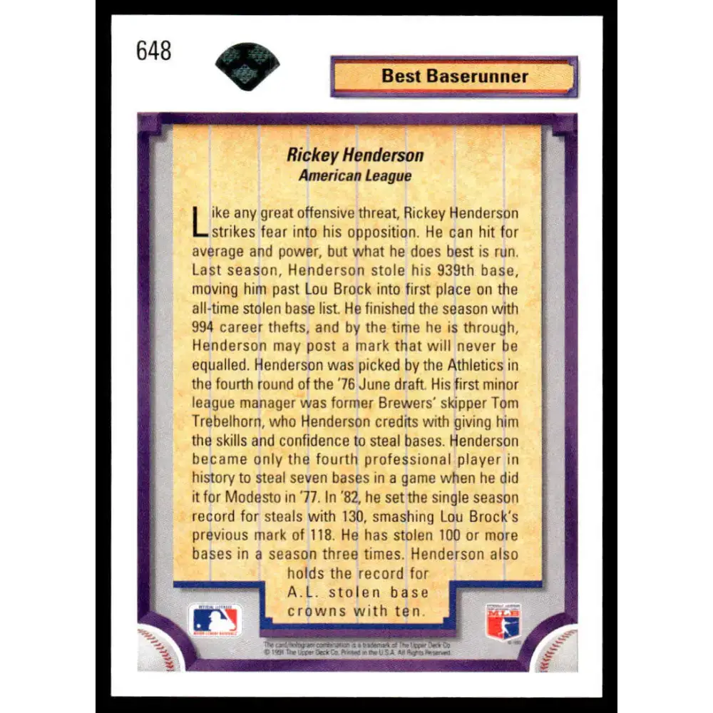1992 Upper Deck #648 Rickey Henderson NM-MT Oakland Athletics Baseball Card - Baseball Card Single