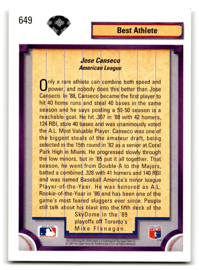 1992 Upper Deck #649 Jose Canseco - Baseball Card Single